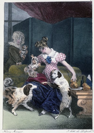 Ung pige med hunde: "" Alle tager sin fornøjelse, hvor han finder ham"" - i "" Les pastemps"" af Henri Monnier, red. Delpech, Paris af Henri Bonaventure Monnier