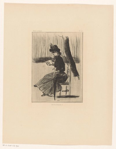 Kvinde med en bog og en paraply på en stol udenfor Petits Croquis 5 (titel på objekt) af Henri Boutet