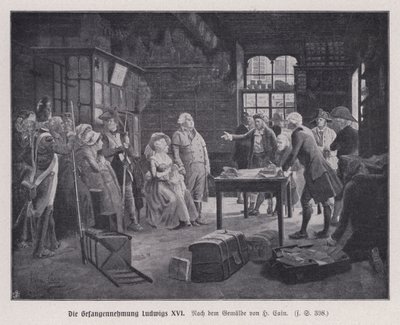 Anholdelse af kong Ludvig XVI af Frankrig og hans familie i Varennes, mens de forsøgte at flygte efter den franske revolution af Henri Cain
