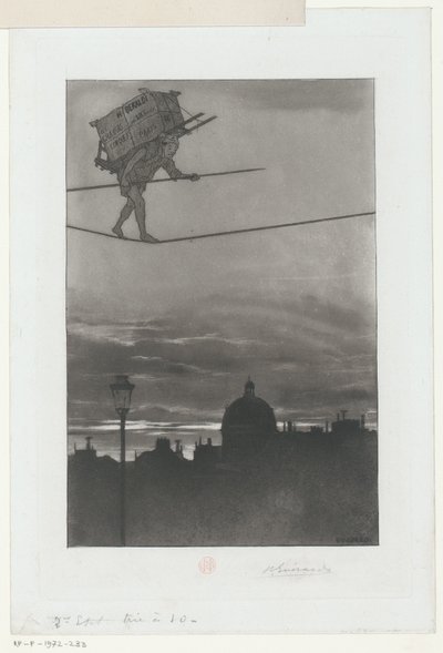 Tightrope rollator med pakke på ryggen over en by Titelside for: Henri Béraldi, Les Graveurs du XIXe siècle (...), 1888 af Henri Charles Guérard (signed by artist)