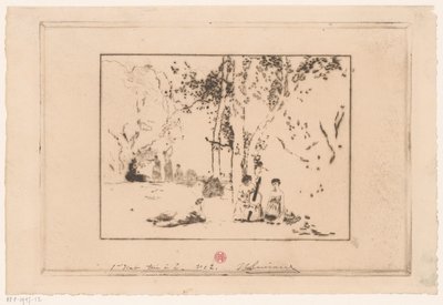 Kvinder laver musik under et træ af Henri Charles Guérard (signed by artist)
