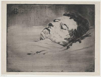Portræt af en ukendt mand på sit dødsleje af Henri Charles Guérard (signed by artist)