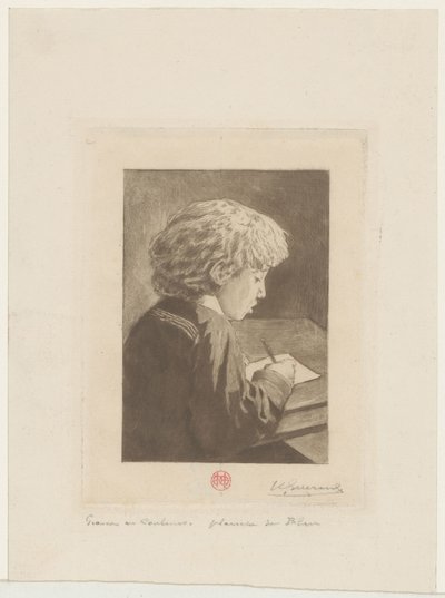 skrivende dreng af Henri Charles Guérard (signed by artist)
