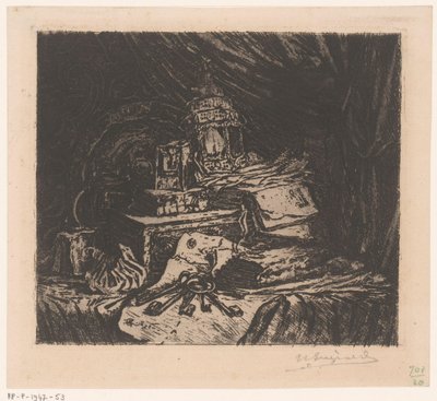 Stilleben med nøgler og lanterne af Henri Charles Guérard (signed by artist)
