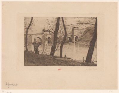 Udsigt over broen ved Mantes-la-Jolie af Henri Charles Guérard