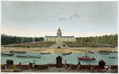 Udsigt over Champ de Mars og Hôtel des Invalides taget på den anden side af Seinen (Cours la Reine) - i "" Vues de Paris"" af Courvoisier af Henri Courvoisier-Voisin