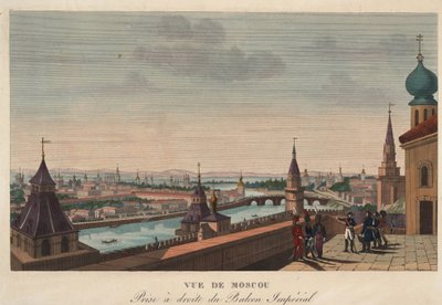 Udsigt over Moskva fra balkonen på det kejserlige palads, Rusland"" (Udsigt over Moskva taget fra balkonen på det kejserlige palads) Gravering af Henri Courvoisier-Voisin (1757-1830) - 1812 Dim 40,7x55,6 cm Privat samling af Henri Courvoisier Voisin