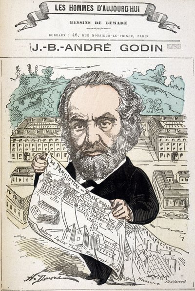 Jean Baptiste André Godin (1817-1888), industriel grundlægger af familien. Tegning af Demare I “The men of today””. af Henri Demare