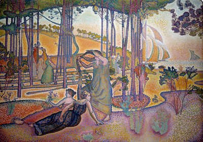Aftenluften. Kvinder i græsset ved skoven. Maleri af Henri Delacroix Dit Cross (Henri Edmond Cross) (1856-1910) af Henri Edmond Cross