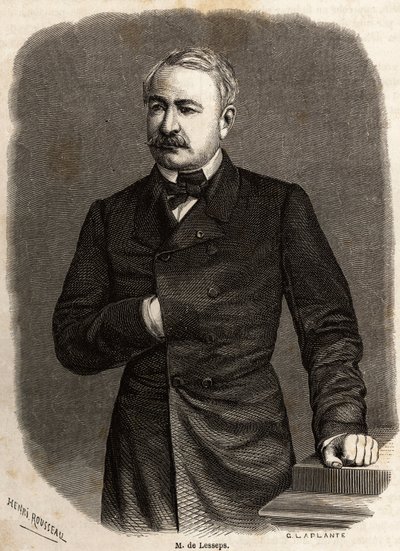 Portræt af Ferdinand de Lesseps (1805-1894) diplomat og iværksætter, initiativtager til de to ambitiøse projekter: Kanalerne i Suez og Panama, tegning af Henri Rousseau, for at illustrere en udflugt til Suez-kanalen i 1862 af Paul Merruau. Indgravering i " af Henri Emilien Rousseau