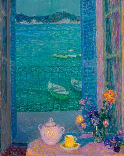 Buket blomster ved vinduet, Villefranche sur mer - Flot blomster ved vinduet, Villefranche-sur-Mer - Maleri af Henri Le Sidaner (1862-1939) af Henri Eugene Augustin Le Sidaner