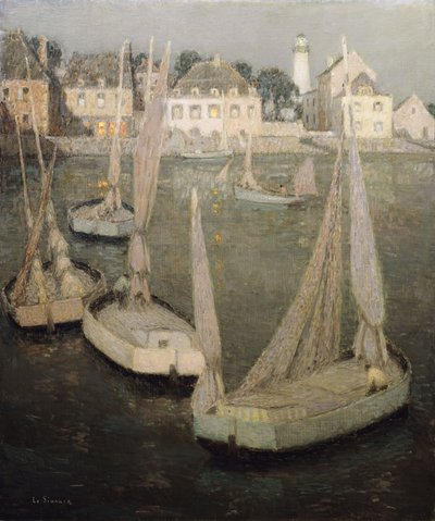 Breton Port by Moonlight; Port Breton af Moonlight af Henri Eugene Augustin Le Sidaner