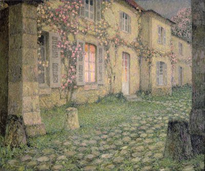 Hus med roser i skumringen, ca. 1928 af Henri Eugene Augustin Le Sidaner