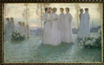 I søndags taler kvinde klædt i hvidt i en have - Maleri af Henri Eugene (Henri-Eugene) Le Sidaner (1862-1939) af Henri Eugene Augustin Le Sidaner