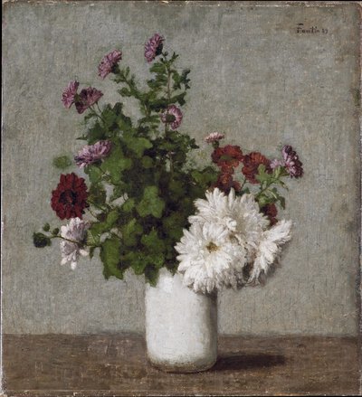 Blomsterstilleben: efterårskrysantemum i en hvid vase af Henri Fantin-Latour