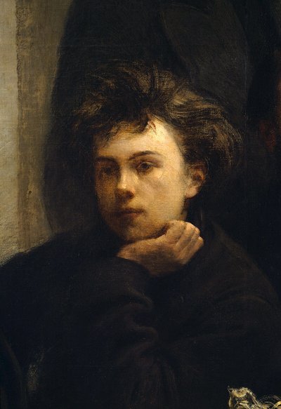 Et hjørnebord, detalje. Portræt af Arthur Rimbaud (1854 - 1891), fransk digter. Maleri af Henri Fantin Latour (Fantin-Latour af Ignace Henri Jean Fantin Latour