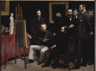 Et værksted på Batignolles (med flere portrætter af kunstnere) (olie på lærred af Ignace Henri Jean Fantin Latour
