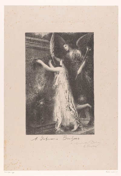 Engel og berømmelsespersonificering bringer æreskrans ved Johannes Brahms grav Á Johannes Brahms (titel på objekt) af Ignace Henri Jean Fantin Latour