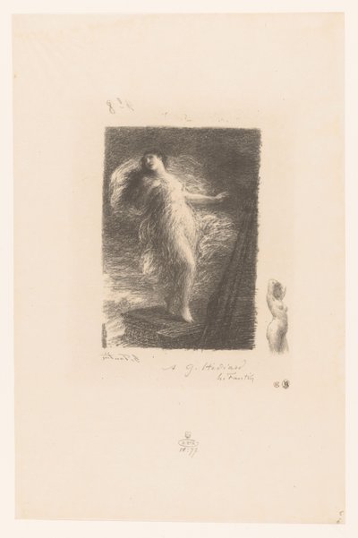 Jonge kvinde uit Taranto valt van de boeg fra et skib Den unge Tarentiner Elegy XX (i gammel stil) Gedichten van André Chénier (serietitel) Illustrationer til André Chéniers digte (serietitel) af Ignace Henri Jean Fantin Latour