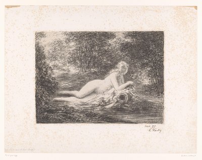 Nymfe med vandkande ved en skovstrøm La source dans les bois (titel på objekt) af Ignace Henri Jean Fantin Latour