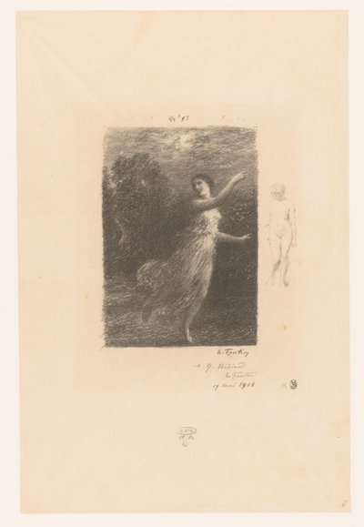 Nimf flight weg for sater Om natten den vandrende nymfe Bucolics. Idyller og brudstykker af idyller. XXIV Gedichten van André Chénier (serietitel) Illustrationer til André Chéniers digte (serietitel) af Ignace Henri Jean Fantin Latour
