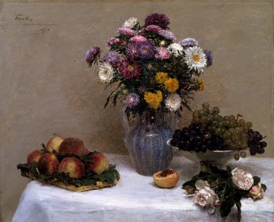 Hvide roser og krysantemum i en vase af Ignace Henri Jean Fantin Latour