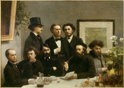 Bordhjørne Repræsentation af et møde mellem, fra venstre mod højre, Paul Verlaine, Arthur Rimbaud, Elzear Bonnier, Leon Valade, Emile Blemont, Jean Aicart, Ernest d