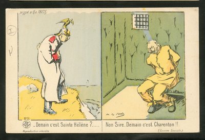 Postkarte, Satirisch in Farben: Morgen ist Sankt Helene? Nein, Sire. Morgen ist Charenton - Krieg von 14-18, Wahnsinn - Wilhelm II Illustration von H. G. Ibels von Henri Gabriel Ibels