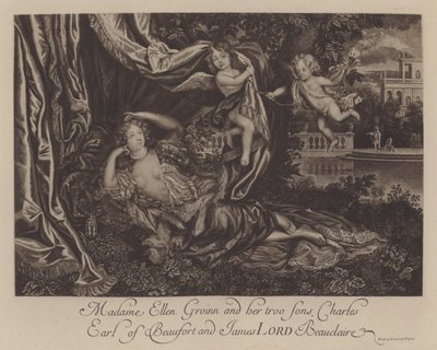 Nell Gwyn og hendes to sønner, Charles, Earl of Burford, og James, Lord Beauclerk (gravering) af Henri Gascar