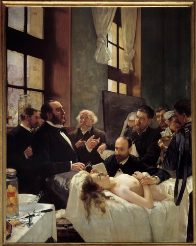 Dr. Jules Emile (Jules-Emile) Pean (1830-1898) underviser på Saint Louis hospital i sin opdagelse af, at skibe klemmes eller "" Før operationen"" Maleri af Henri Gervex (1852-1929) 1887 Søn. 2,42x1,88 m Paris, musee d