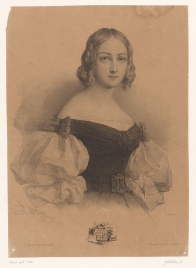 Ung kvinde med navn med bogstavet P P (titel på objekt) Damer for hvert bogstav i alfabetet (serietitel) Le Miroir des Dames, ou new alphabet français (serietitel) af Henri Grevedon