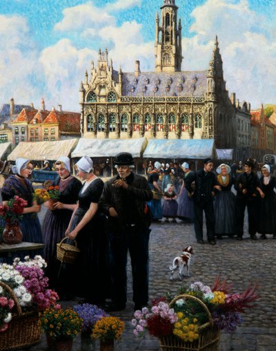 Blomstermarkedet i Middelburg (olie på lærred) af Henri Houben