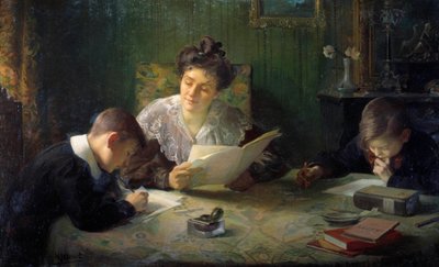 Lektier En mor hjælper børn med at lave deres lektier. Maleri af Henri Jamet (1858-1940) Orleans fra det 20. århundrede, Musee des Beaux Arts af Henri Jamet