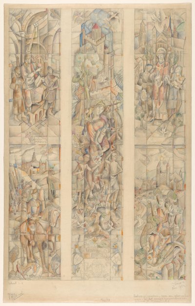 Designkarton til et farvet glasvindue i den nye regeringsbygning i Maastricht (original titel på objektet) af Henri Jonas (signed by artist)