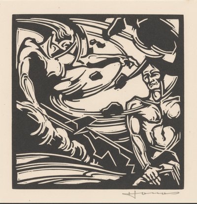 To nøgne mænd i en hvirvlende luftmasse af Henri Jonas (signed by artist)