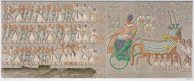 Farvede basisrelieffer fra det sydlige galleri af paladsets peristyl, plade 12 fra bind II af `Descriptions of Egypt`, indgraveret af Antoine Phelippeaux (f.1767) 1822 (akvatint) af Henri Joseph (after) Redoute