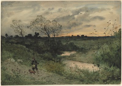 Dawn - Jæger med hund af Henri-Joseph Harpignies