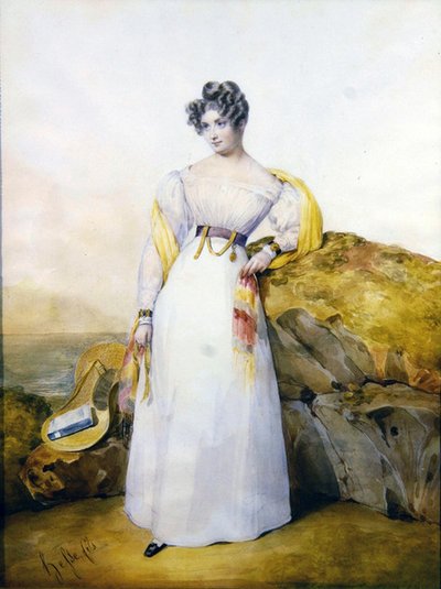 Portræt af en dame i et landskab (akvarel og gouache på vellum) af Henri Joseph Hesse