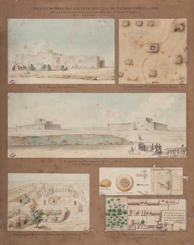 Seks udsigter og tegninger af Lake Natron i Libyen, lavet under den egyptiske hærs rekognosceringsmission ledet af general Andreossy, 1799 (pen, blæk og wc på papir) af Pierre Joseph Redouté