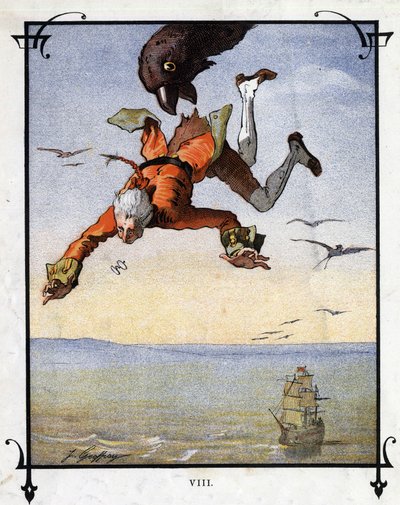 Lemuel Gulliver bliver båret væk af en ørn. Illustration til "" Gulliver