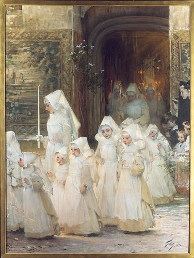 Procession af unge piger på konfirmationsdagen, L"hopital de Beaune, 1906 af Henri Jules Jean Geoffroy