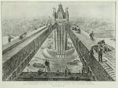 Færdiggørelsen af Tower Bridge: at lægge sidste hånd, fra The Graphic, 23. juni 1894 (gravering) af Henri Lanos