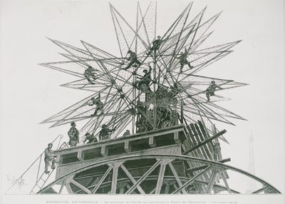 Universel udstilling af 1900: Installation af stjernen på toppen af Palace of Electricity (gravering) af Henri Lanos