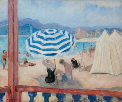 Stokke, blå parasol og telte; Stokke, blå parasol og telte, af Henri Lebasque