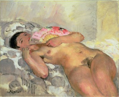 Nøgen kvinde med en fan af Henri Lebasque