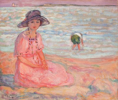 Kvinde i den lyserøde kjole ved havet; Femme a la Robe Rose au bord de la Mer, c.1920 af Henri Lebasque