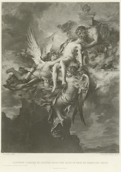 Sarpedon båret til Jupiter fra Troja-sletten med søvn og død (dybtryk) af Henri Leopold Levy
