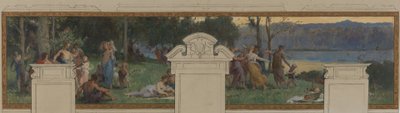 Skitse til Pantins rådhus: Allegorier om Ourcq-kanalen, arbejde og navigation - Fête champêtre (loft og vægpanel) af Henri Leopold Levy