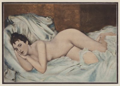 Nøgen kvinde på en seng (farve litho) af Henri Lucien (after) Doucet