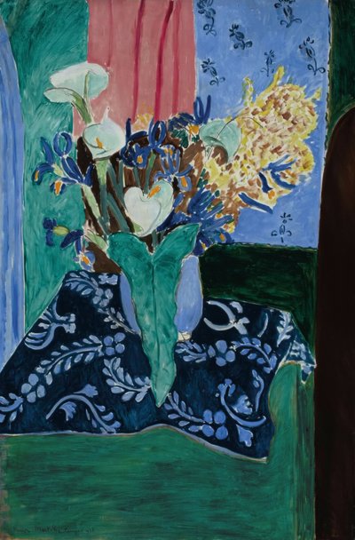 Arum, iris og mimosas (blomster i en blå vase på en blå dug) af Henri Matisse